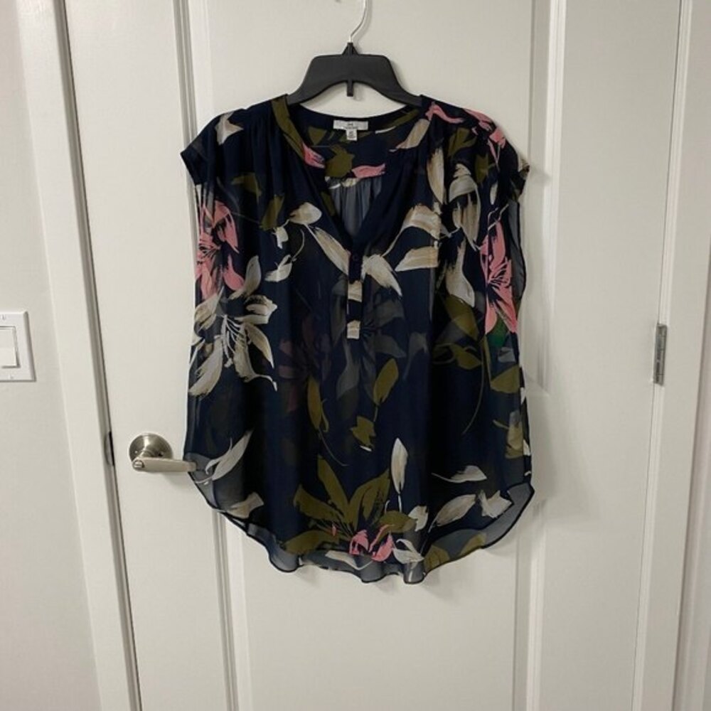H by Halston Women's Floral Sheer Top Blue Multi S/P Oversized Popover Blouse